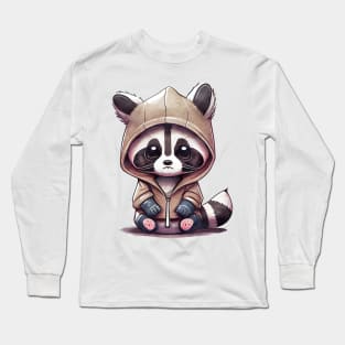 Cartoon Raccoon Wearing Hoodie Long Sleeve T-Shirt